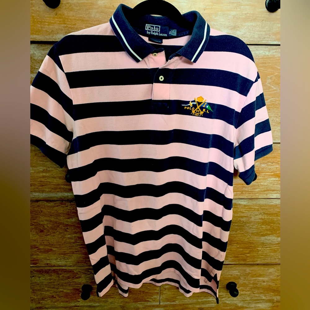 Polo by Ralph Lauren. Men’s pink and navy stripe. Short sleeve. Custom fit. XL